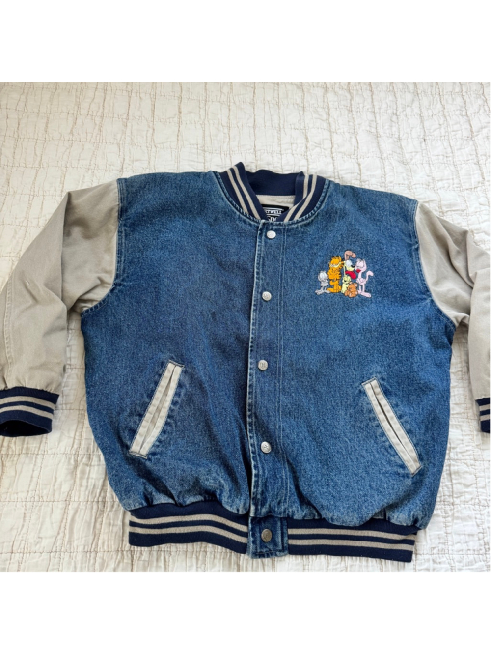 Vintage Hartwell ViaSport Garfield Varsity Bomber Denim Jacket • Size: L - Picture 2 of 10
